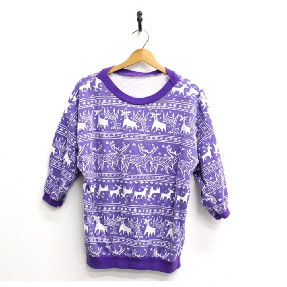 Vintage 90s Moose All Over Print Purple Sweatshirt 3/4 Sleeve Medium